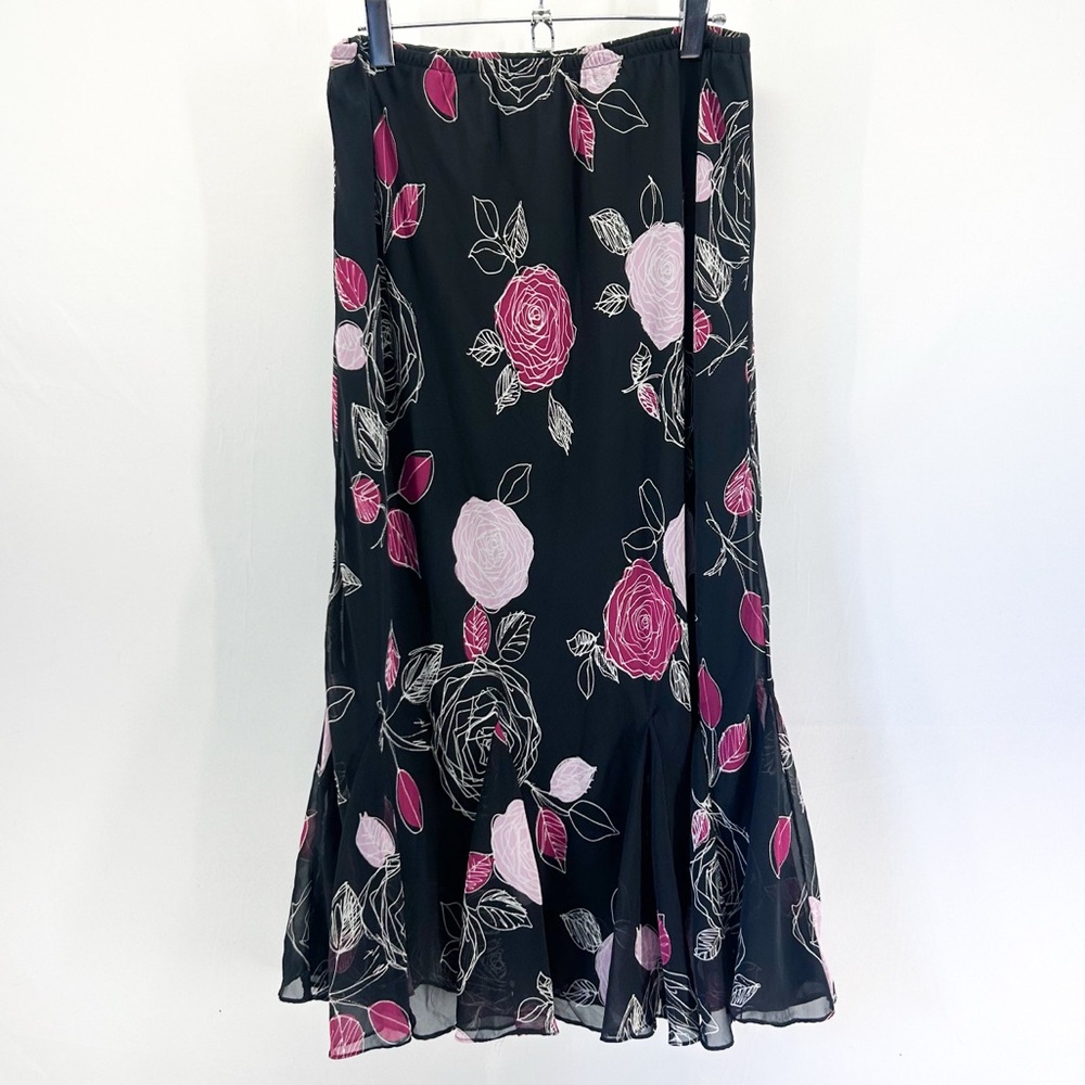 Vintage Y2K Black Rose Floral Midi Skirt Pleated Hem Coquette Whimsigoth 14P